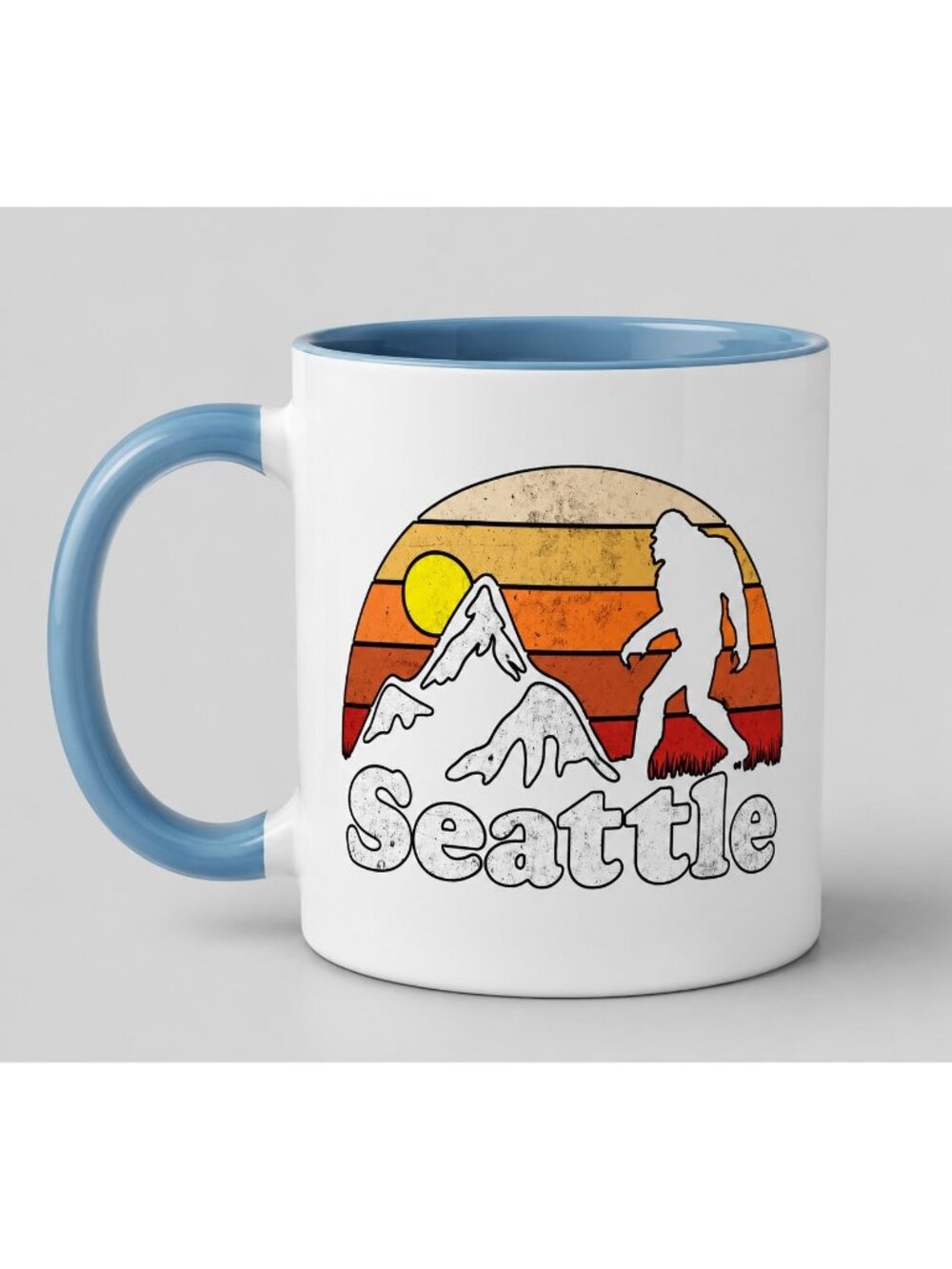 Seattle Bigfoot Sasquatch Ceramic Coffee Mug Blue White Retro Sunset Mountain
